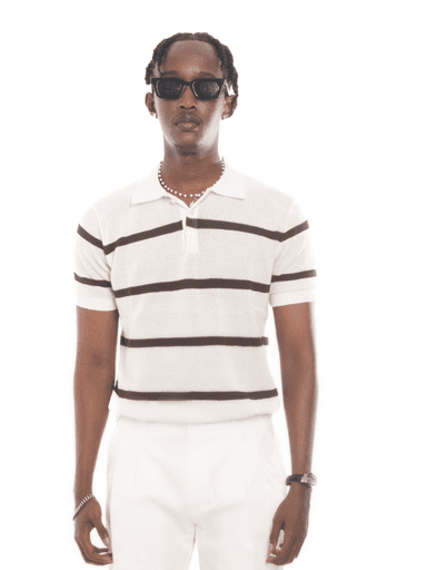 ELIO Knit Polo in Ivory Stripe