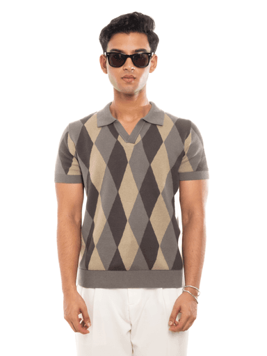 ROMBO Knit Polo in Sage Green Argyle