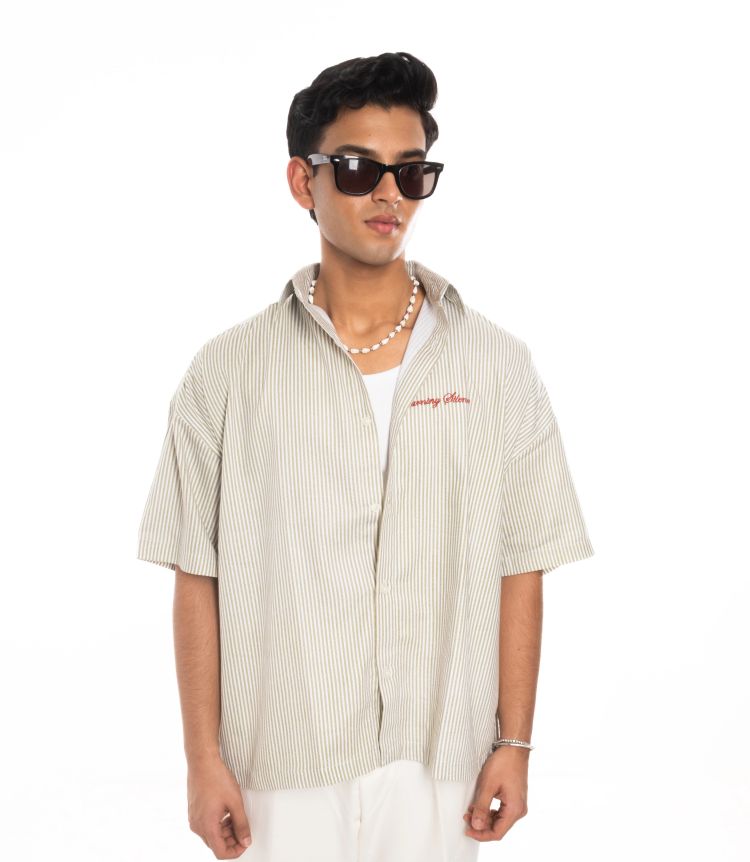 SERA Boxy Shirt in Khaki Pinstripe - View 2