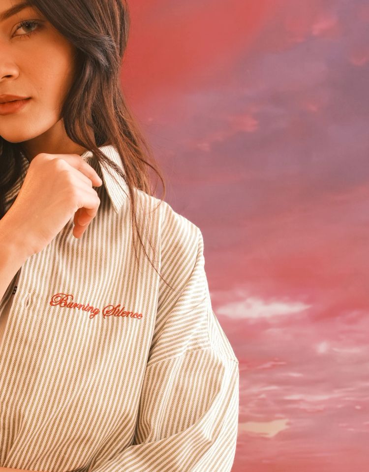 SERA Boxy Shirt in Khaki Pinstripe - View 3