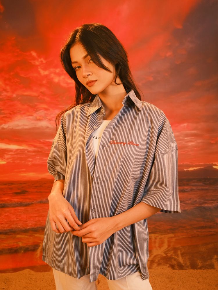 SERA Boxy Shirt in Khaki Pinstripe - View 7