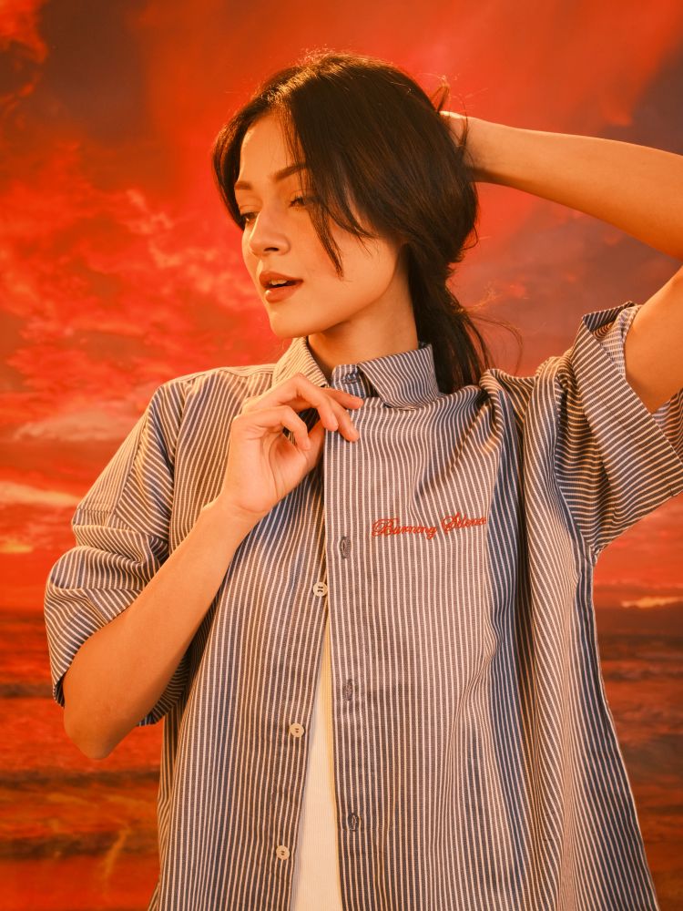SERA Boxy Shirt in Khaki Pinstripe - View 8