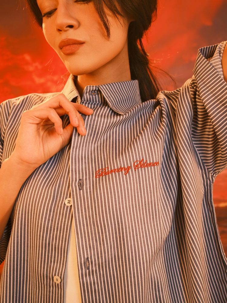 SERA Boxy Shirt in Khaki Pinstripe - View 9