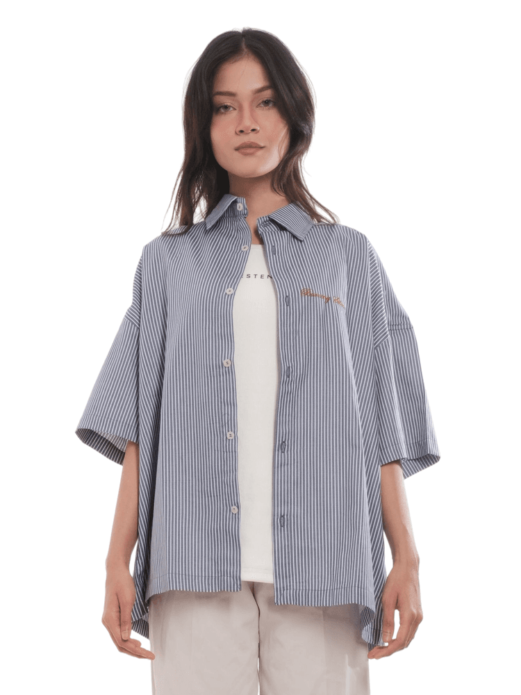 SERA Boxy Shirt in Khaki Pinstripe - View 6