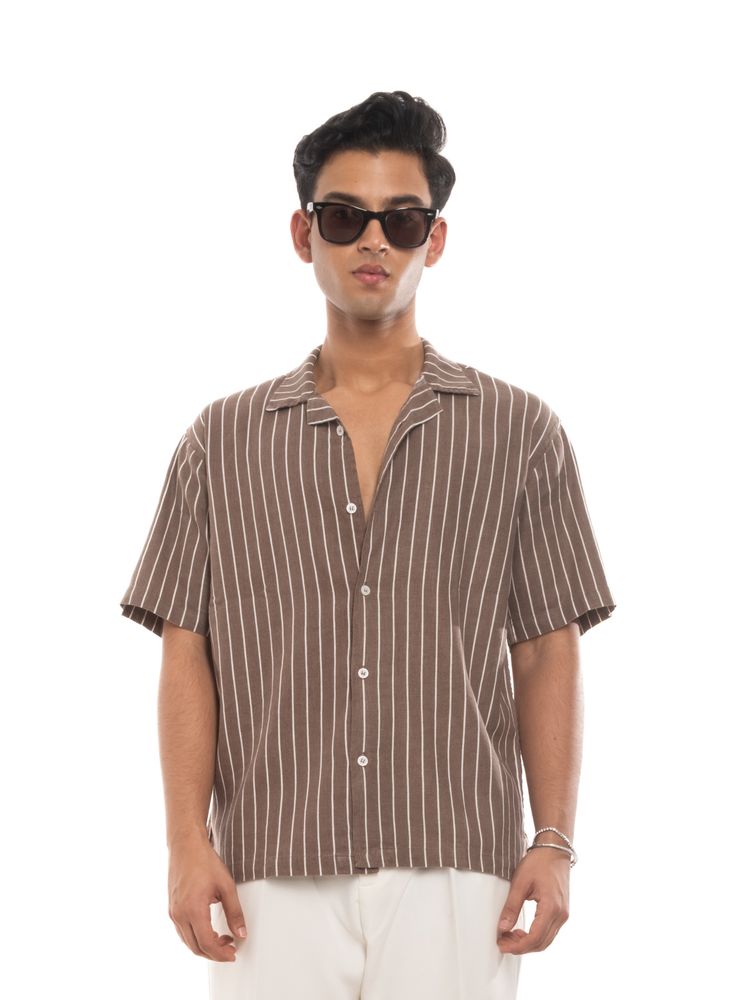 CALA Cuban Shirt in Brown Pinstripe - View 2