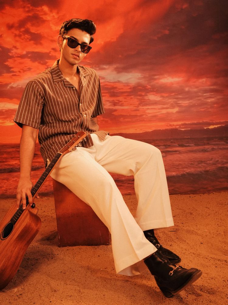 CALA Cuban Shirt in Brown Pinstripe - View 3