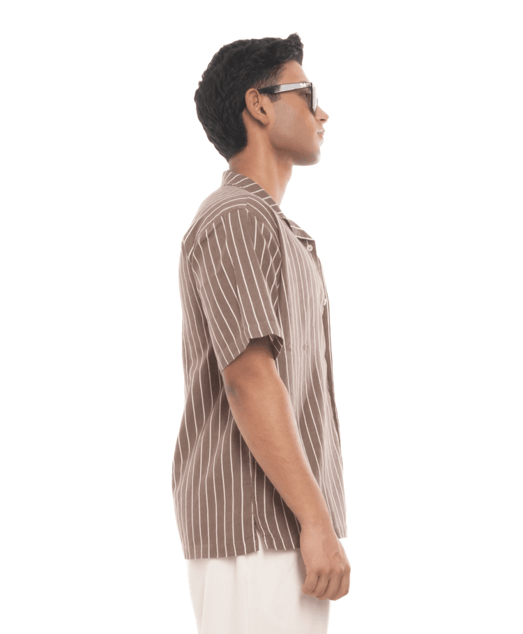 CALA Cuban Shirt in Brown Pinstripe - View 4