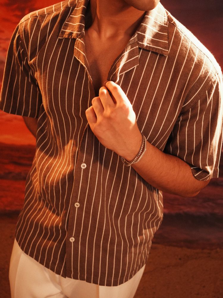 CALA Cuban Shirt in Brown Pinstripe - View 5