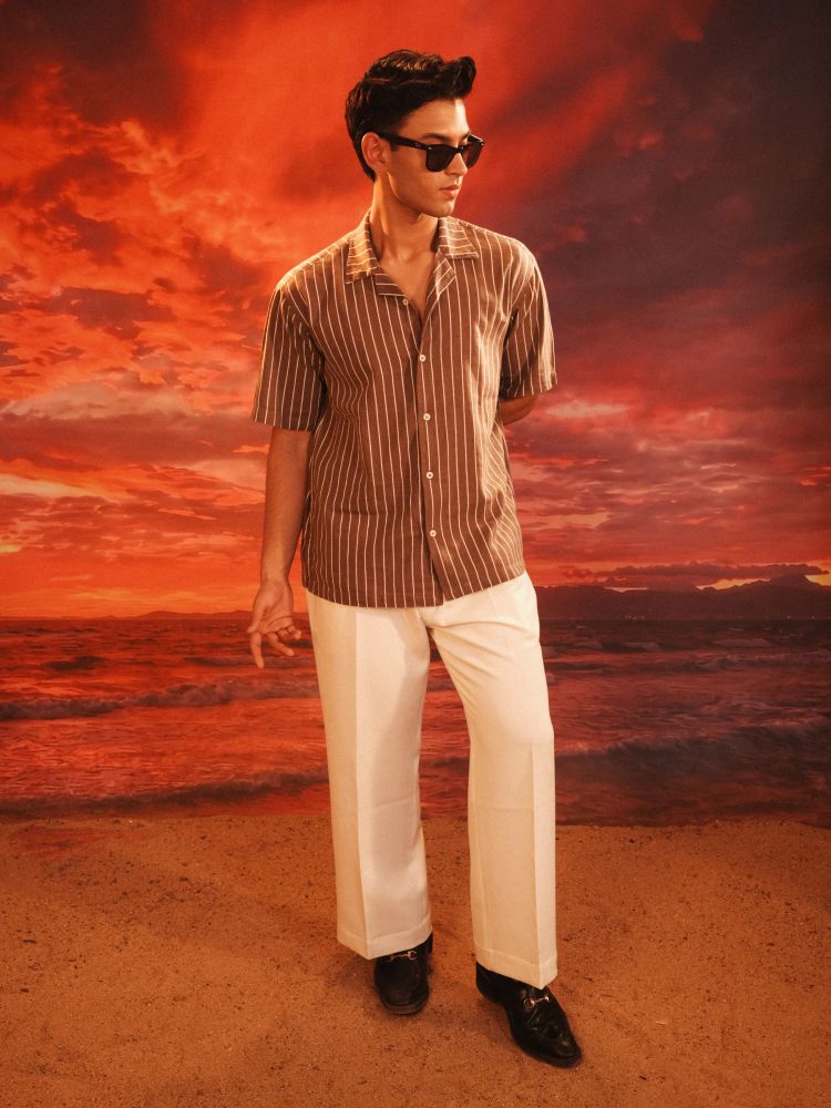 CALA Cuban Shirt in Brown Pinstripe - View 7