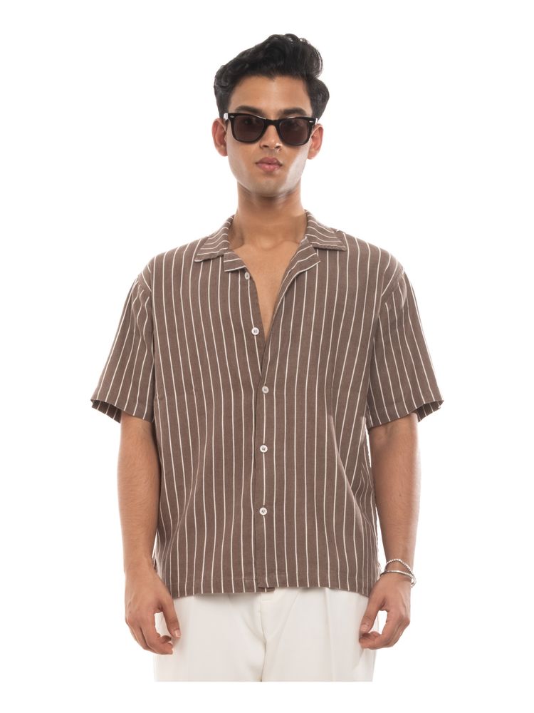 CALA Cuban Shirt in Brown Pinstripe - View 1