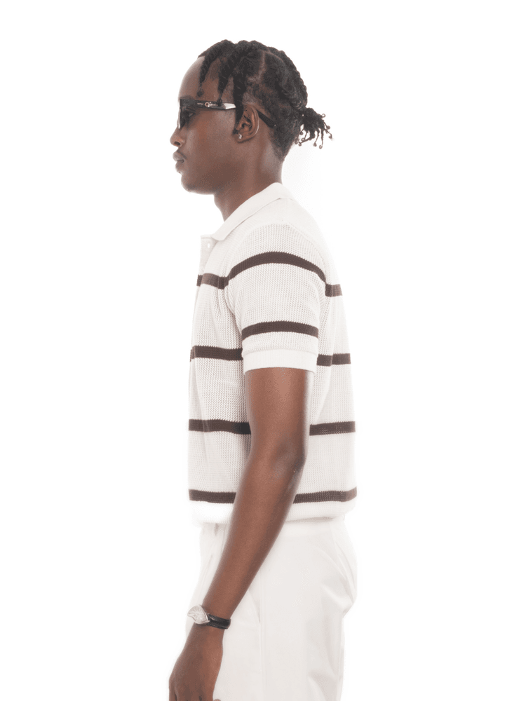 ELIO Knit Polo in Ivory Stripe - View 3