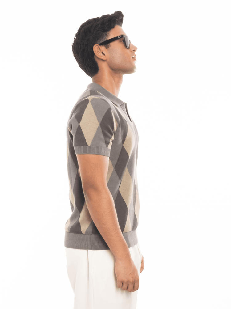 ROMBO Knit Polo in Sage Green Argyle - View 3