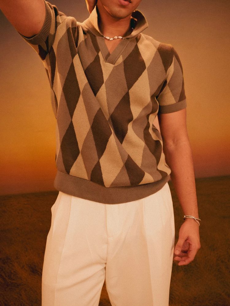 ROMBO Knit Polo in Sage Green Argyle - View 4