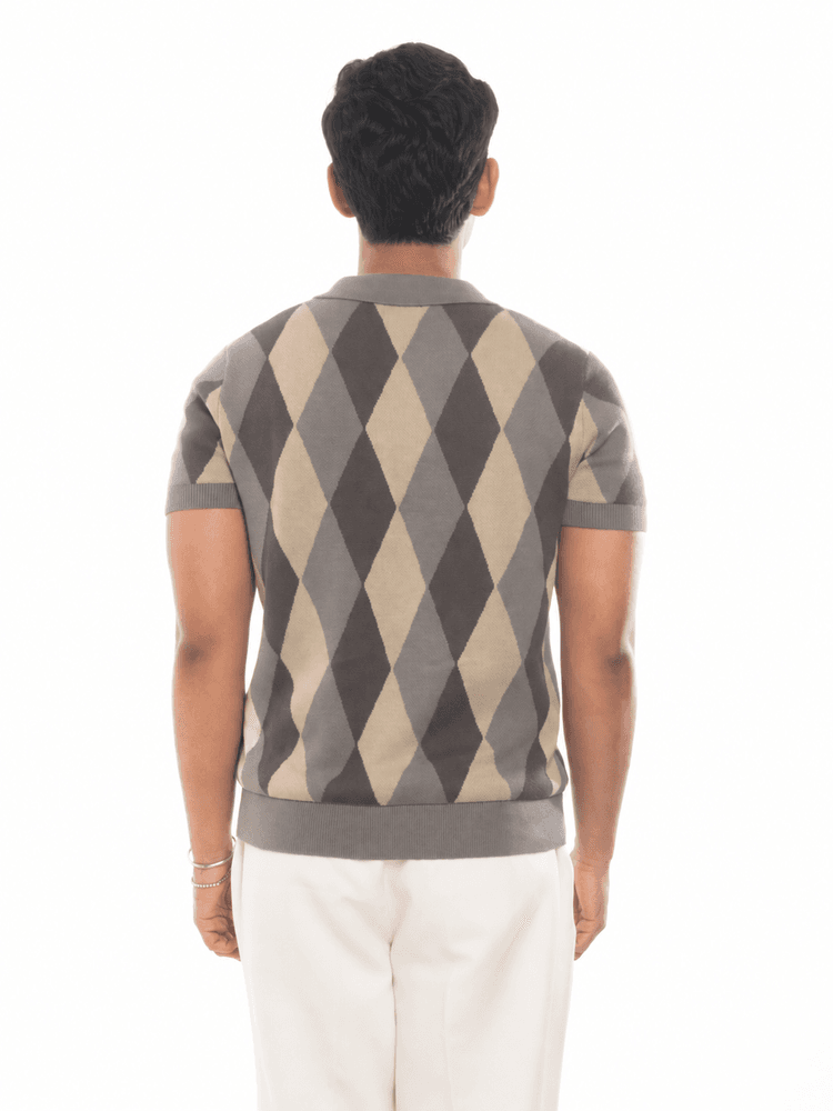 ROMBO Knit Polo in Sage Green Argyle - View 5