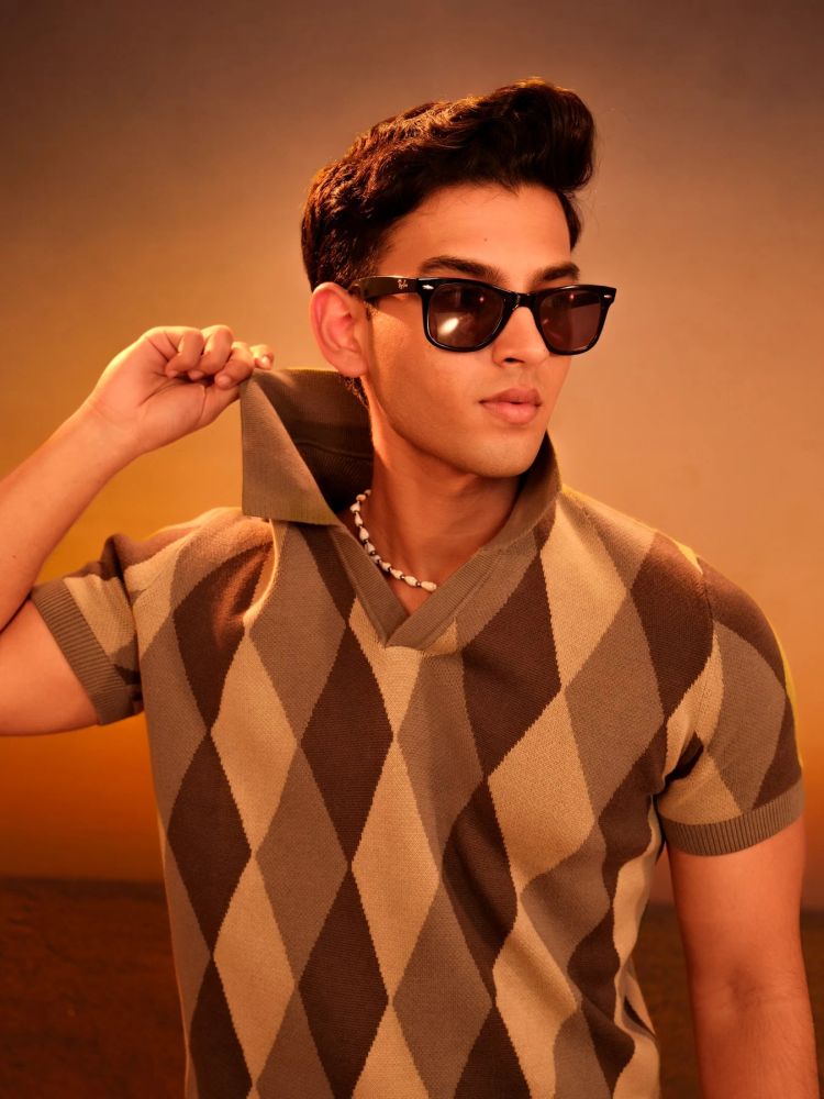 ROMBO Knit Polo in Sage Green Argyle - View 6
