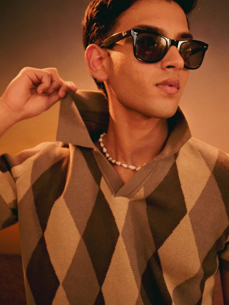 ROMBO Knit Polo in Sage Green Argyle - View 7