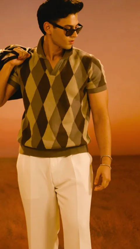 ROMBO Knit Polo in Sage Green Argyle - View 8